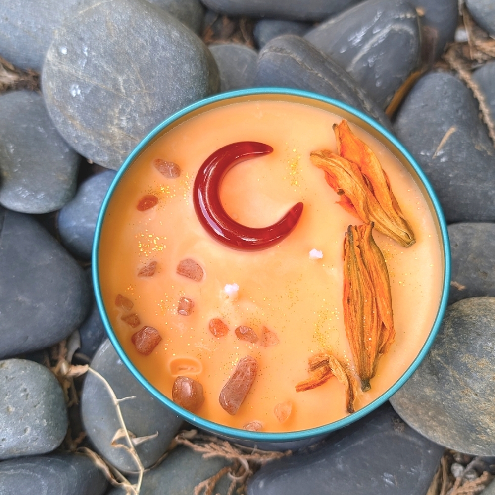 Red Agate Crescent And Sunstone Gemstone Intention Candle